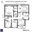 40x50 north-facing second floor plan showing independent 3BHK layout with separate kitchen, combined living-dining, south balcony and lockable staircase door