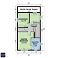 First floor plan showing master bedroom, guest bedroom, and bathroom layout