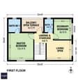 Technical floor plan of first floor showing master suite, secondary bedroom, and cross-ventilation features