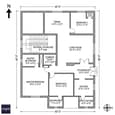 Ground floor plan of 40x60 east facing G+3 house showing 3BHK layout with living, dining, three bedrooms, kitchen, utility, and Vastu-aligned room placements