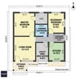 Ground floor plan of 25x30 south-facing home with room dimensions and overhang marked