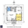 Ground floor plan of 25x30 south-facing house with room labels, dimensions, entrance on south wall with overhang notation, living room 12×14, kitchen 8×10, dining 8×10, bathroom 5×6, staircase 6×8, architectural diagram with color-coded zones