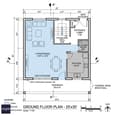 Ground floor plan of 25x30 south-facing house showing living 14x12, kitchen 8x10, entrance 7x8, powder room 4x5, staircase 6x8, verandah 3.5 deep, south side deep overhang marked, room dimensions labeled in feet, architectural technical drawing style with north arrow