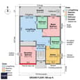 Ground floor plan: 500 sq ft layout with north-facing living, east kitchen, and optimized cross-ventilation