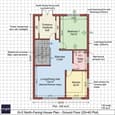 Ground floor plan of 25x40 north-facing home showing 320 sq ft layout with central staircase, living area, bedroom, and kitchen.