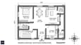 Ground floor plan of a 30x40 south facing house showing living room, dining, SE kitchen, bedroom, attached bath, pooja room NE and staircase SW