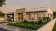 A wide, modern single-storey bungalow on a 40x60 north-facing plot with a landscaped front garden, covered car porch, and natural stone façade cladding