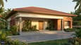 West-facing single floor bungalow with wide covered veranda in golden evening light