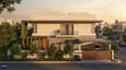 A contemporary two-storey west-facing home on a 60x60 plot bathed in warm golden evening light, with a grand 60-foot wide street facade, deep entrance canopy, and landscaped frontage