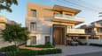 Contemporary east-facing G+2 home on a 60x60 plot with three distinct floors, cantilevered balconies, and golden morning light on the wide facade
