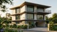 3D exterior elevation of a modern 60x60 south facing G+2 house with layered balconies, stone cladding, and deep RCC overhangs