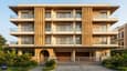Hero view of a contemporary 4-floor east facing home on a 60x60 plot with layered balconies, vertical stone fins and modern glass facade