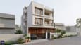 20x40 north-facing 4-story contemporary Indian residential building with glass balconies, compound wall with parking, soft northern light, modern architecture