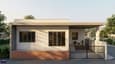 Modern 25x30 south-facing single-floor house with 1.5m deep south overhangs, white plaster elevation, red brick base, morning light on east side, compound wall with parking, Indian residential setting
