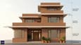 North-facing 3-floor architectural elevation on a 25x40 plot with optimized load-bearing walls, deep soffit overhangs, and soft diffused morning light creating a serene facade.