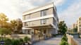 Hero render of a modern 30x40 south facing three-floor house with flat roof, cantilevered canopy and large south-facing windows in an urban Indian neighbourhood