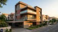 Modern G+3 east facing house elevation on a 40x50 plot with contemporary facade, stacked balconies and warm morning light