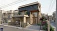 Contemporary 3D elevation of a 40x50 north facing 3 floor G+2 home with flat roof, cantilevered balcony, and landscaped entry court