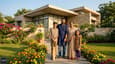 Happy Indian family of four standing in front of their completed contemporary south-facing single-floor bungalow on a warm winter morning with landscaped front garden
