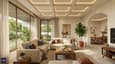 Warm spacious living room of a 60x60 south-facing single-floor bungalow at 3 PM — afternoon light filtered by 4-ft overhang, 18x16 ft space with contemporary furnishings and double-height ceiling