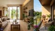 Interior lifestyle render of 60x60 south facing G+1 home — sunlit living room with tall south windows and shaded interior, open dining area overlooking the garden, first floor south balcony with outdoor seating in warm afternoon light
