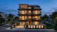 Lifestyle photograph of a 60x60 north facing 4-floor home with terrace garden and north-facing balconies at dusk