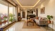 Modern Indian living room interior with open kitchen and natural lighting