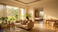 Interior rendering of morning-lit living room and master bedroom with warm golden light, vitrified tiles, and minimalist furnishings