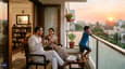 Indian family enjoying morning light on the east-facing first-floor balcony of their 30x40 G+2 home, having chai with potted plants