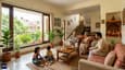 Three-generation Indian family in the living room of a north facing G+2 home with glare-free north light and warm interior