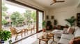 Warm lifestyle interior of north-facing family lounge and balcony in 40x60 G+1 home — Indian family setting