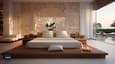 a modern bedroom with white walls and wooden flooring