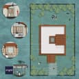Detailed top-down layout of a Hyderabad farmhouse showcasing yard, living spaces, and courtyard with annotated design elements