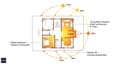 Sun path analysis diagram for east-facing 30x50 plot showing morning light angles entering living room, master bedroom, and kitchen from 6am to 11am