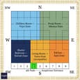 Vastu pada grid for 40x60 south-facing plot with colour-coded zones for kitchen southeast, master bedroom southwest, pooja northeast, and 4th pada south door position marked