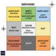 Vastu zone overlay on a 60x60 north facing plot — correct placement for kitchen, pooja, master bedroom, and living room