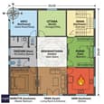 Vastu directional grid overlay on 25x30 south-facing home, showing northeast staircase, east bedroom, southeast kitchen with Agni symbol, south/southwest living and master, compass rose in corner, color-coded zones (northeast yellow, east green, southeast red, south brown, etc.), labeled infographic
