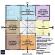 Vastu grid overlay on the 25x30 floor plan, showing cardinal directions and room placement recommendations