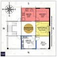 Vastu grid overlay showing Agni kitchen, Soma library, and Brahmasthan circulation