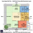 Vastu-aligned site plan showing tree placement, staircase orientation, and corner windows