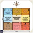 Vastu zone grid overlaid on a 30x40 north-facing single-floor layout showing Kubera north, Ishanya NE, Agni SE, and Prithvi SW zones