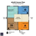 Vastu zone grid overlaid on a 40x50 south-facing floor plan showing colour-coded positions for master bedroom, kitchen, pooja room, and entry point