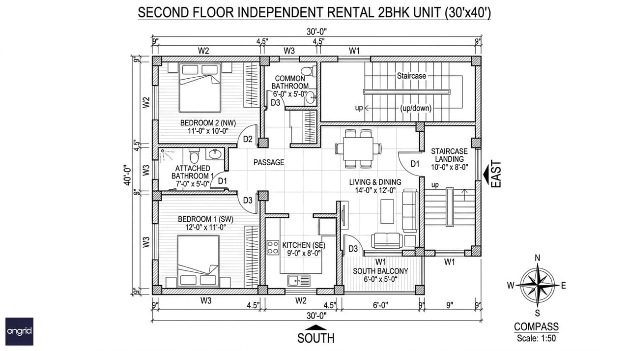 Second floor plan — 30x40 south facing rental unit