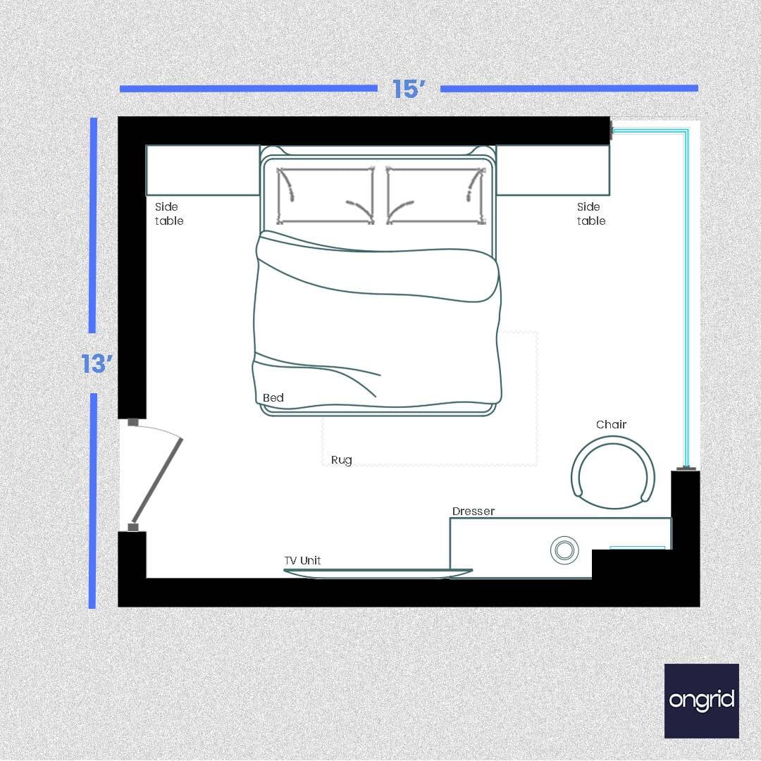 Bold and Colorful Bedroom Design | 15' x 14' ongrid.design