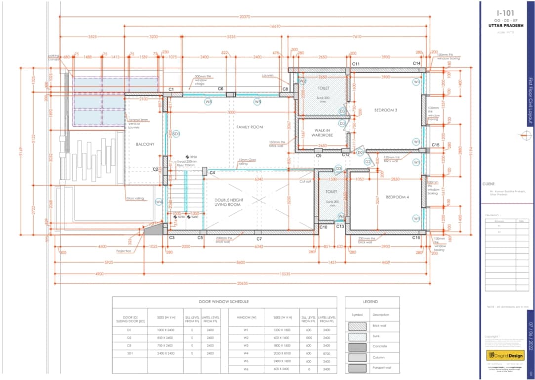 Top-down view of the entire blueprint of Mr. Kunwar's modern duplex design with annotations for rooms and spaces.