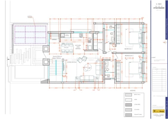 Top-down view of the entire blueprint of Mr. Kunwar's modern duplex design with annotations for rooms and spaces.