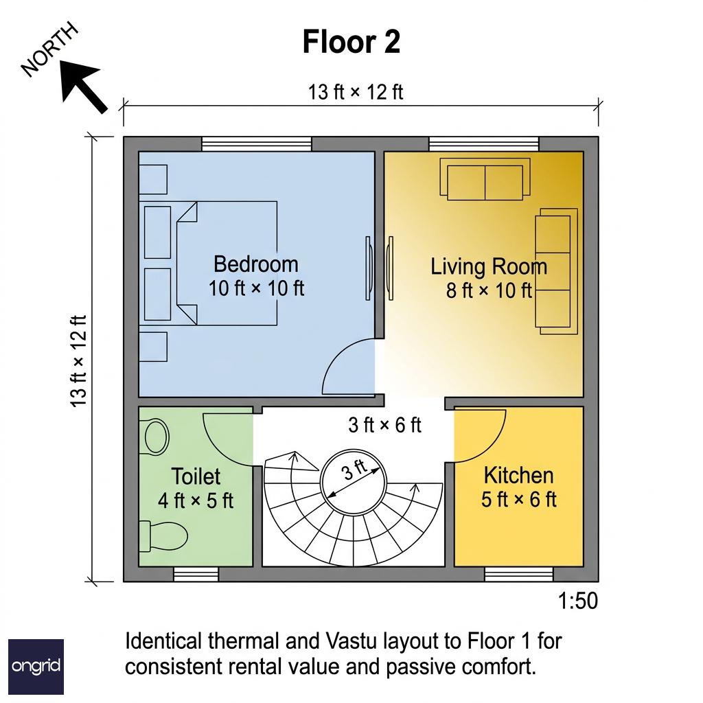 Second floor plan: 1BHK with north-facing bedroom and east-facing living
