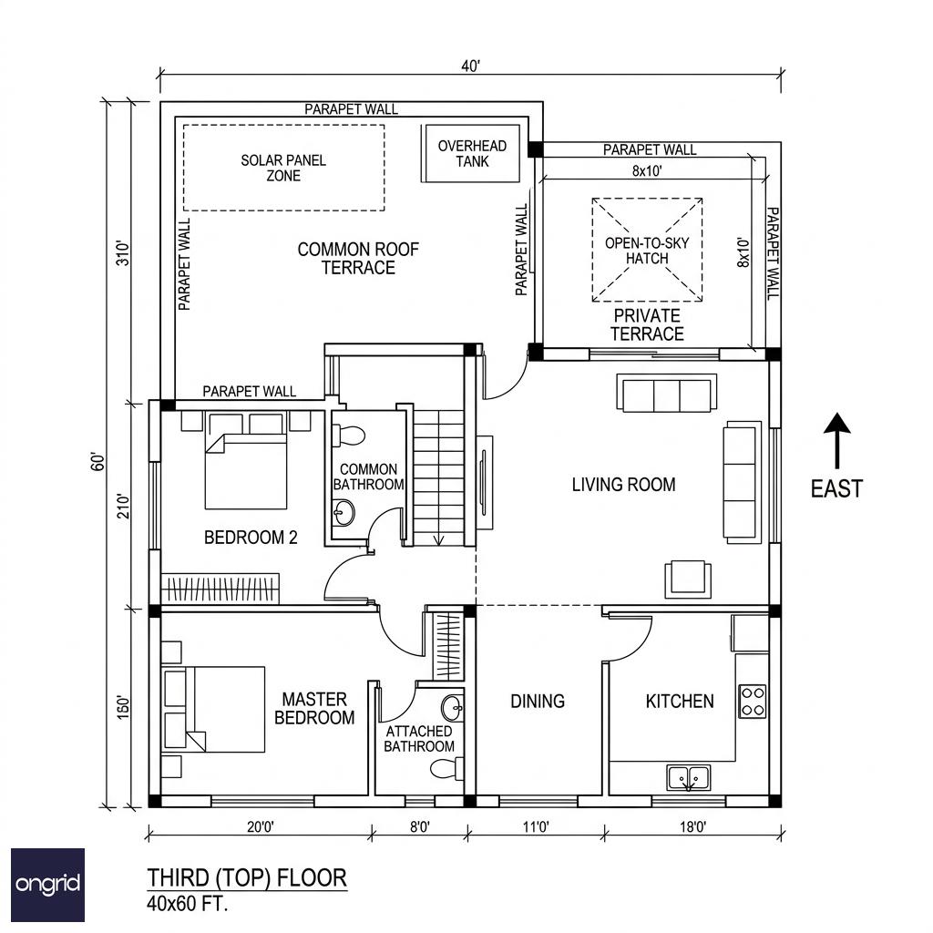 Third floor plan of 40x60 east facing G+3 house showing 2BHK penthouse layout with 8x10 ft private east-facing terrace deck