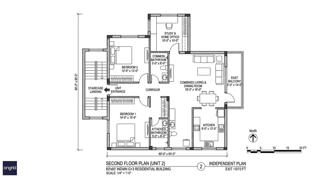 Second floor plan of a 60x60 east facing 4-floor home showing independent unit with combined living-dining, separate kitchen, study and two bedrooms