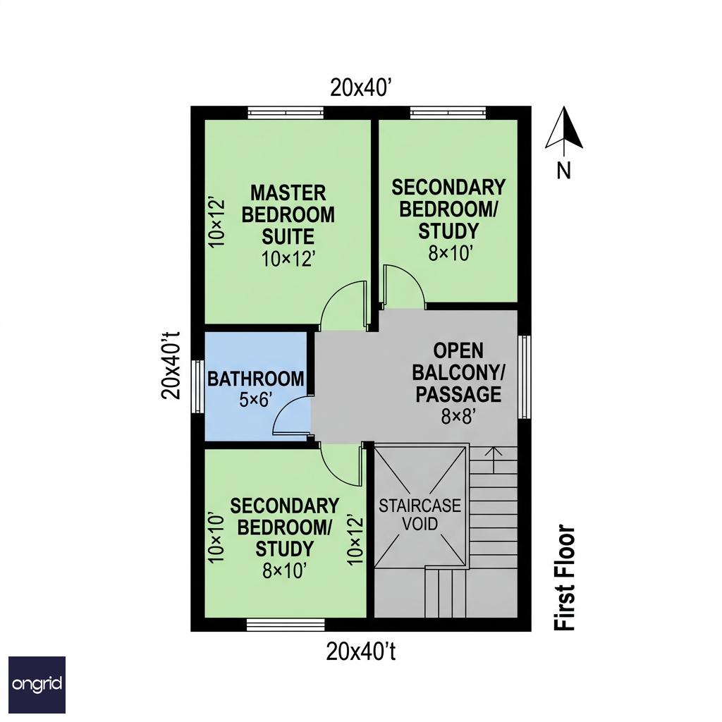 First floor plan of 20x40 North-facing house with room dimensions